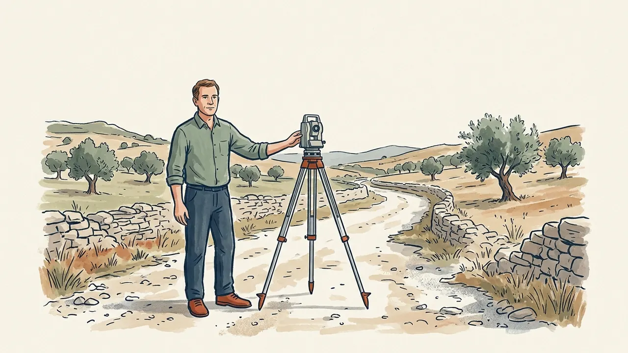 Topógrafo junto a un instrumento sobre trípode en un camino entre olivos.