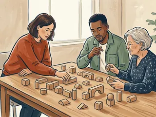 Tres personas adultas organizan piezas de madera sobre una mesa.