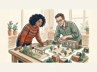 Dos personas observan una maqueta de un barrio imaginario con una plaza y edificios.