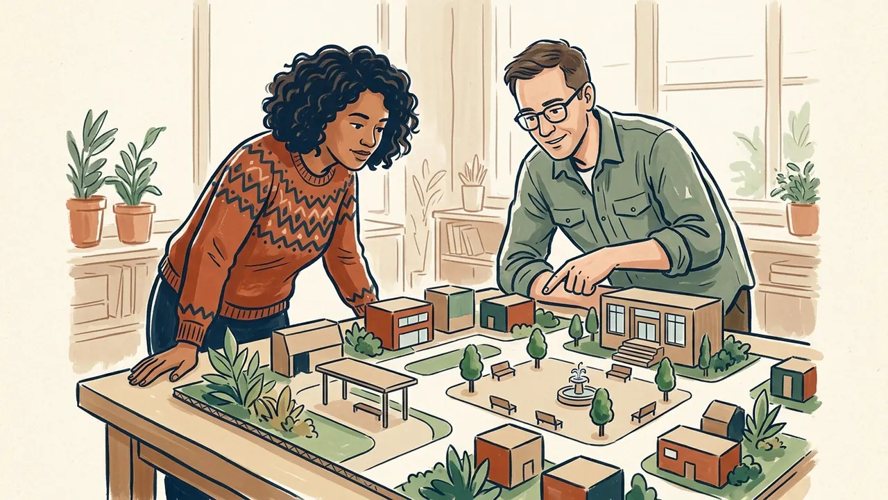 Dos personas observan una maqueta de un barrio imaginario con una plaza y edificios.