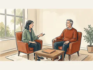 Dos personas adultas conversan sentadas junto a una ventana.