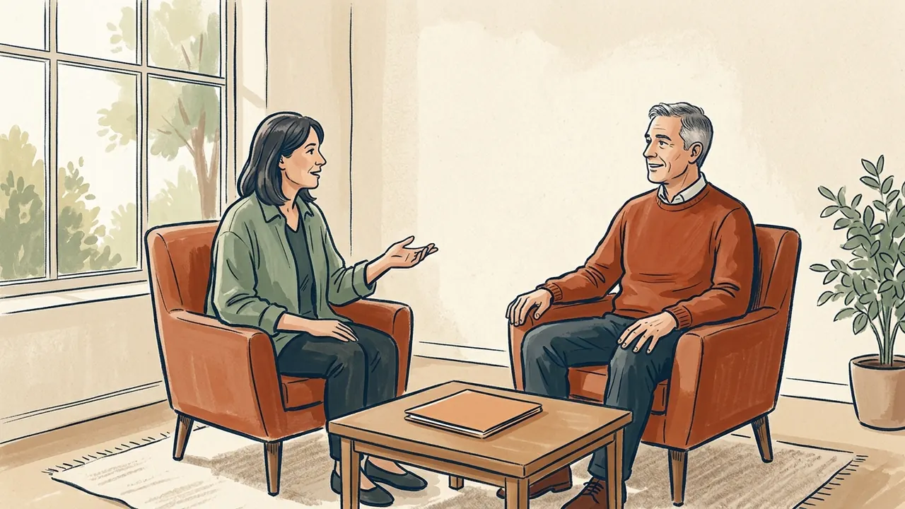 Dos personas adultas conversan sentadas junto a una ventana.