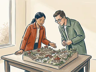 Dos personas observan una maqueta de un jardín imaginario con senderos, puentes y pequeños pabellones.