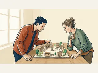 Dos personas observan una maqueta de una plaza ficticia con edificios, bancos y árboles.