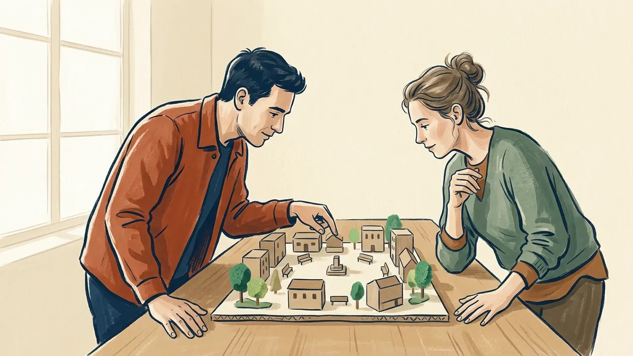 Dos personas observan una maqueta de una plaza ficticia con edificios, bancos y árboles.