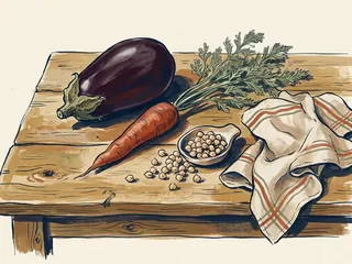 Berenjena, zanahoria y garbanzos junto a un paño sobre una mesa de madera.