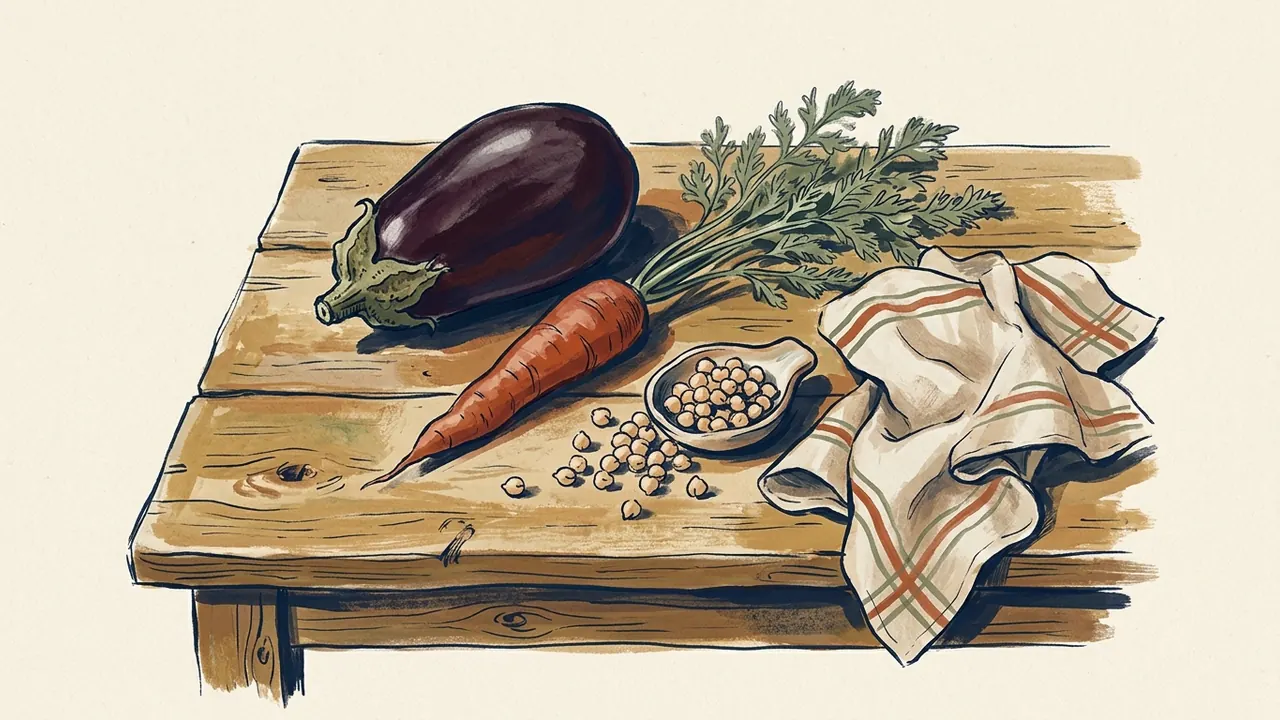 Berenjena, zanahoria y garbanzos junto a un paño sobre una mesa de madera.