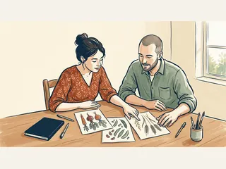 Dos personas comparan dibujos de verduras, legumbres y cereales sobre una mesa.