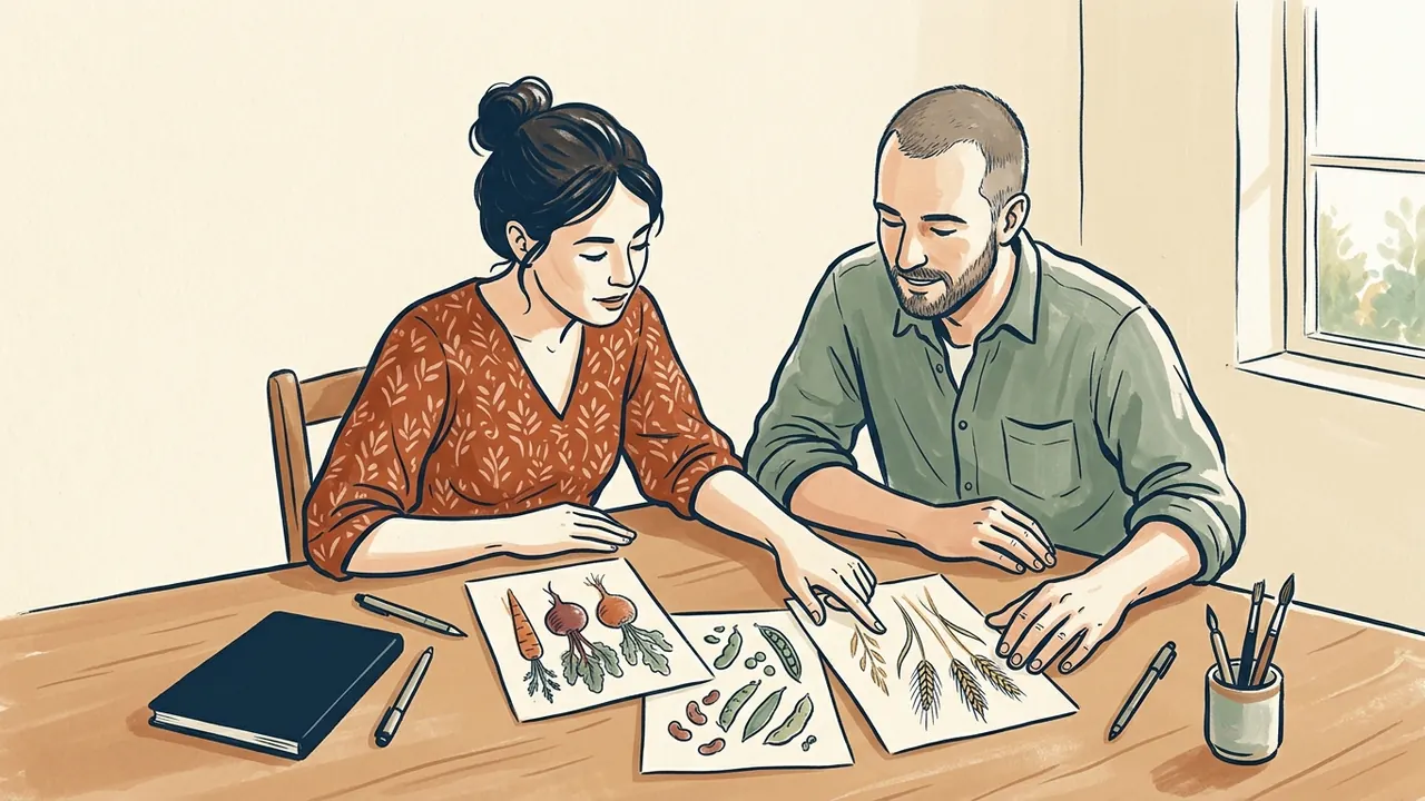 Dos personas comparan dibujos de verduras, legumbres y cereales sobre una mesa.