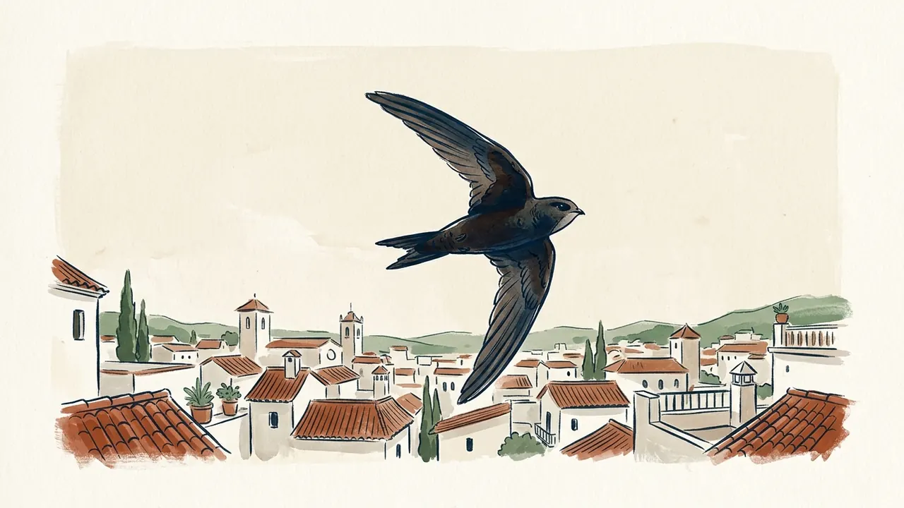 Vencejo volando sobre tejados de un pueblo.