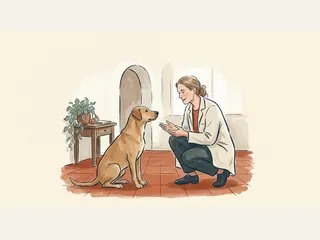Veterinaria junto a un perro sentado en una consulta luminosa.