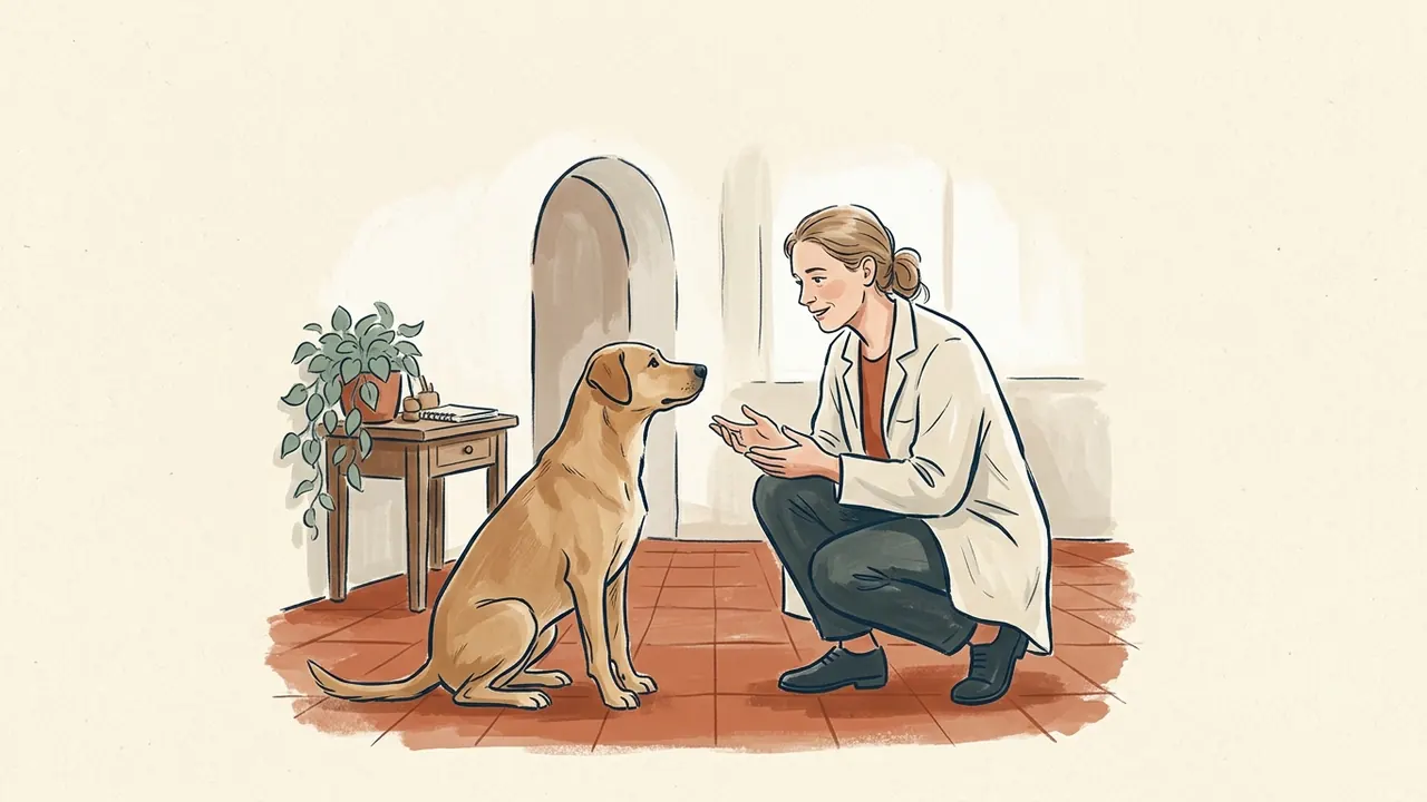 Veterinaria junto a un perro sentado en una consulta luminosa.