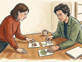 Dos personas ordenan tarjetas con una casa, un camino y un árbol para imaginar una historia.