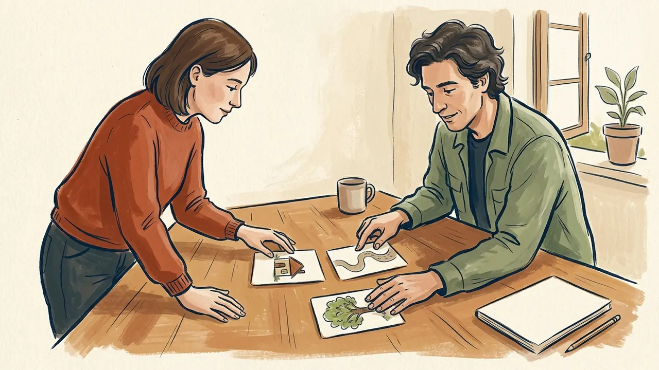 Dos personas ordenan tarjetas con una casa, un camino y un árbol para imaginar una historia.