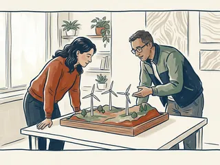 Dos personas observan una maqueta con tres aerogeneradores en una sala de divulgación.