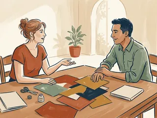 Dos personas adultas conversan junto a papeles de colores y cuadernos lisos en una mesa de taller.