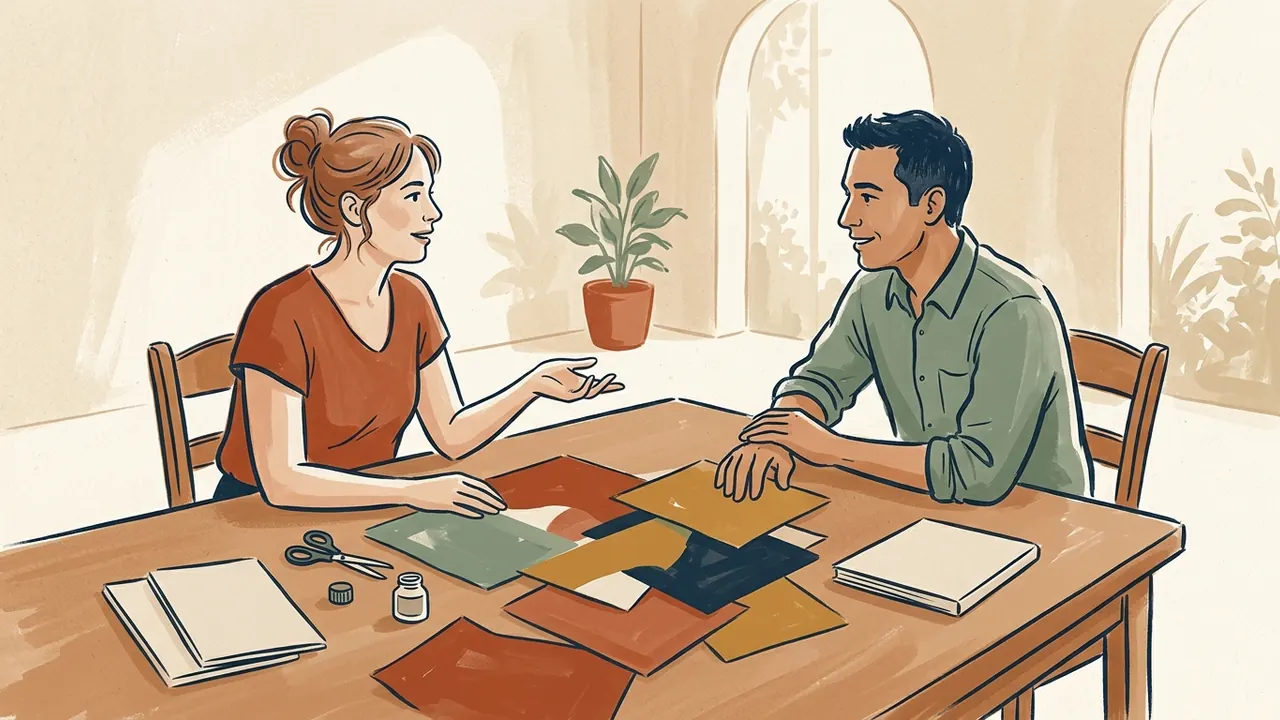Dos personas adultas conversan junto a papeles de colores y cuadernos lisos en una mesa de taller.