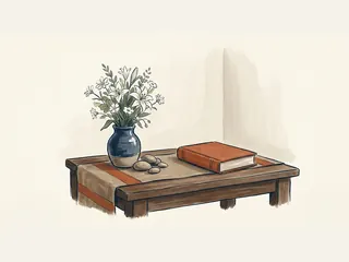 Un jarrón de flores blancas, pequeñas piedras y un libro sin inscripciones sobre una mesa de recuerdo.