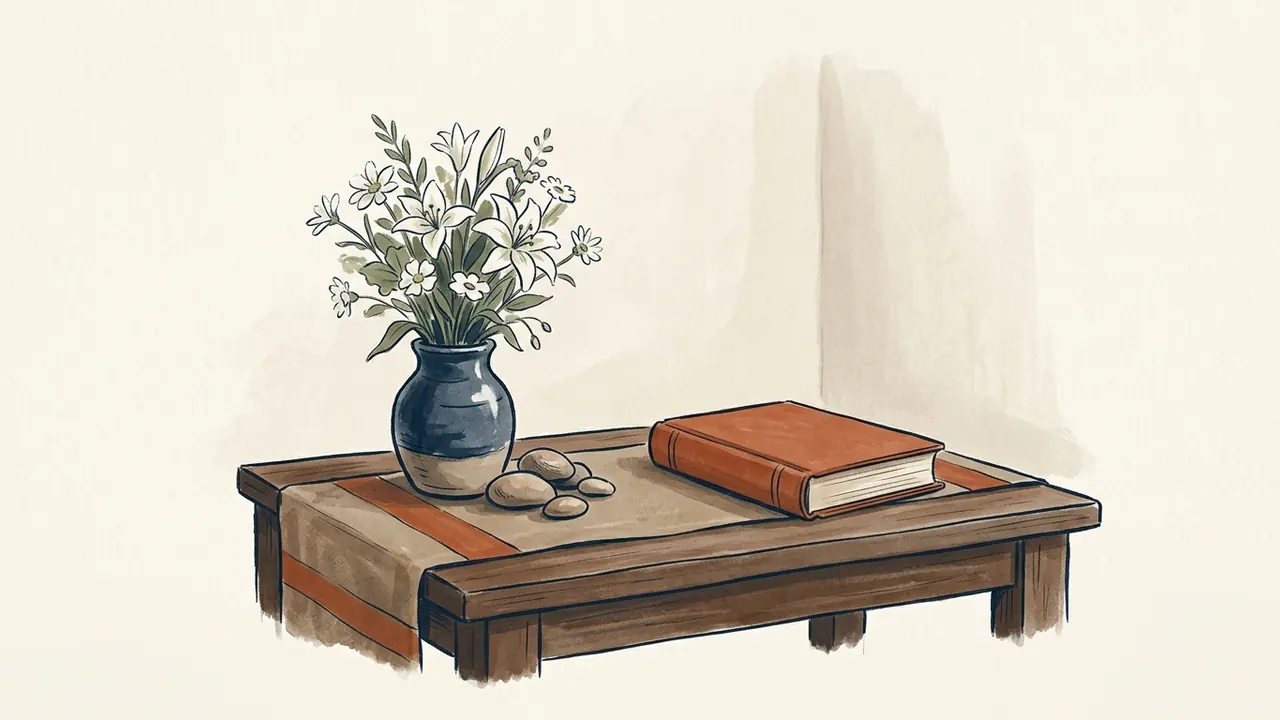 Un jarrón de flores blancas, pequeñas piedras y un libro sin inscripciones sobre una mesa de recuerdo.