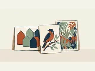 Tres pinturas de casas simplificadas, un ave y vegetación apoyadas contra una pared.