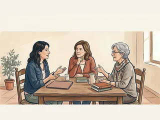 Tres mujeres de diferentes edades conversan alrededor de una mesa.