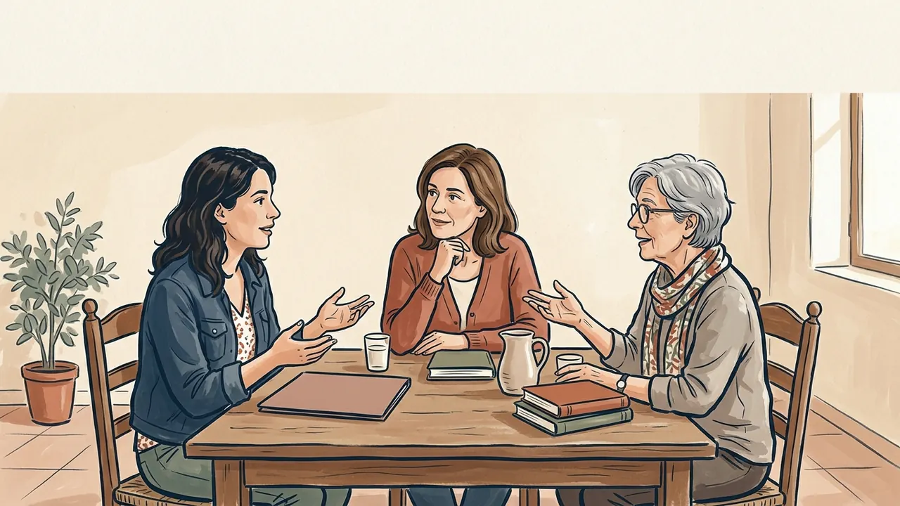 Tres mujeres de diferentes edades conversan alrededor de una mesa.
