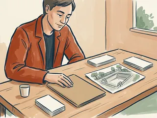 Una persona consulta una carpeta junto a un dibujo de una piscina vacía.