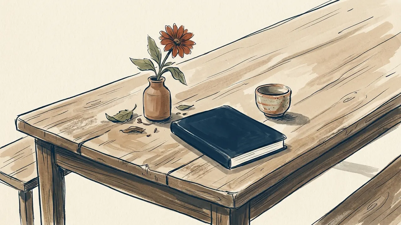 Una flor en un jarrón, un cuaderno cerrado y una pequeña pieza de cerámica sobre una mesa.
