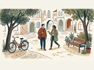 Dos personas caminan por una calle peatonal imaginaria con árboles, una bicicleta aparcada y un banco.