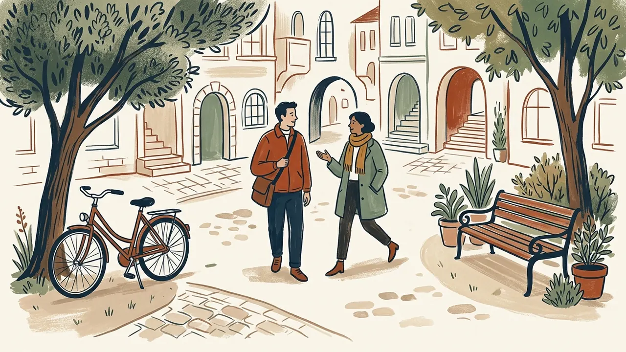 Dos personas caminan por una calle peatonal imaginaria con árboles, una bicicleta aparcada y un banco.