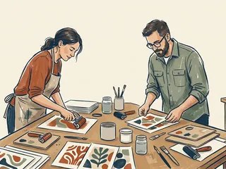 Dos personas preparan láminas de colores con motivos abstractos.