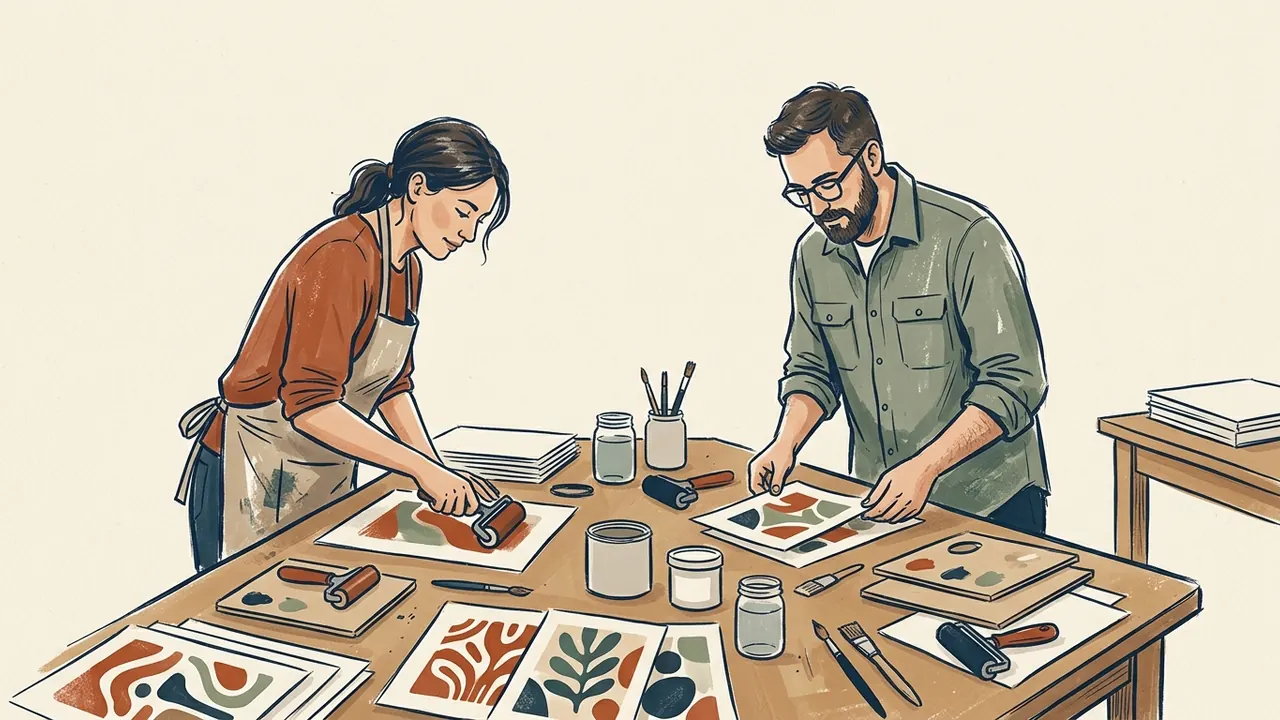 Dos personas preparan láminas de colores con motivos abstractos.