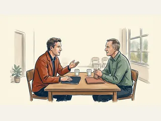 Dos hombres adultos conversan en una sala comunitaria junto a carpetas cerradas.
