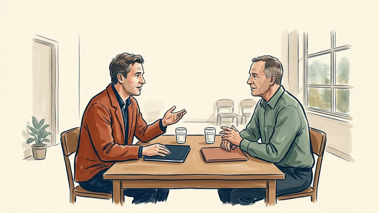 Dos hombres adultos conversan en una sala comunitaria junto a carpetas cerradas.
