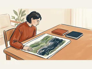 Una persona observa un dibujo de paisaje costero junto a dos libros cerrados.