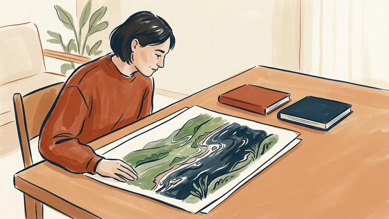Una persona observa un dibujo de paisaje costero junto a dos libros cerrados.