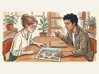 Dos personas adultas comentan una ilustración de una plaza costera ficticia.