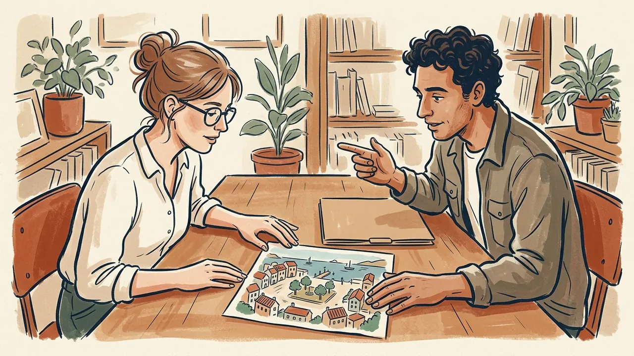 Dos personas adultas comentan una ilustración de una plaza costera ficticia.