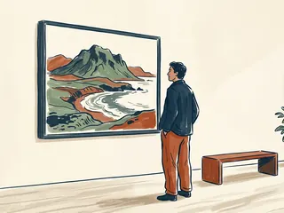 Una persona observa una ilustración de montañas y costa.