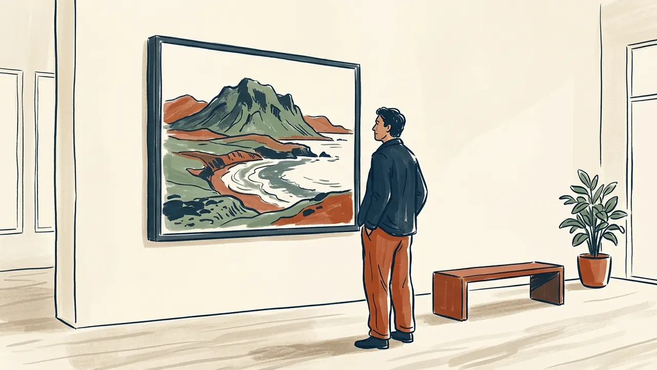 Una persona observa una ilustración de montañas y costa.