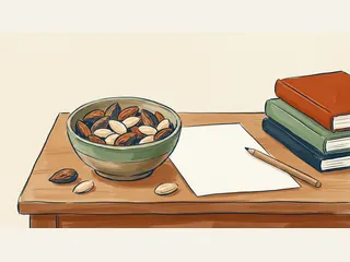 Un cuenco de almendras sobre una mesa, junto a papel en blanco, un lápiz y libros cerrados.