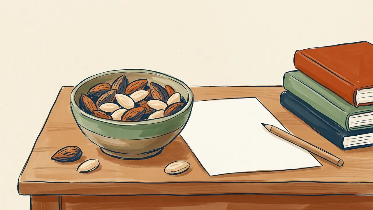 Un cuenco de almendras sobre una mesa, junto a papel en blanco, un lápiz y libros cerrados.