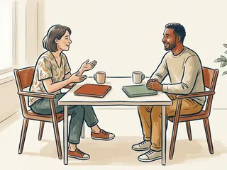 Dos personas adultas conversan frente a frente con dos carpetas cerradas sobre la mesa.