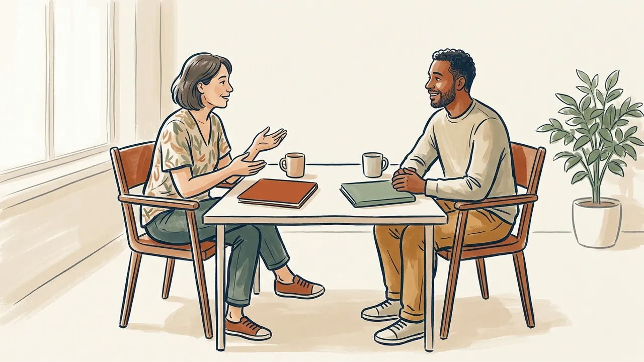 Dos personas adultas conversan frente a frente con dos carpetas cerradas sobre la mesa.