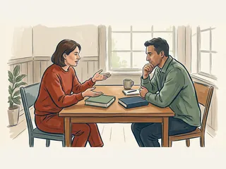 Dos personas adultas conversan ante dos libros cerrados de cubiertas lisas sobre una mesa.