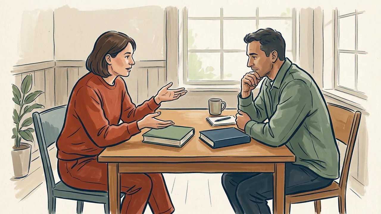 Dos personas adultas conversan ante dos libros cerrados de cubiertas lisas sobre una mesa.