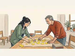 Dos adultos organizan círculos amarillos de papel sobre una mesa.