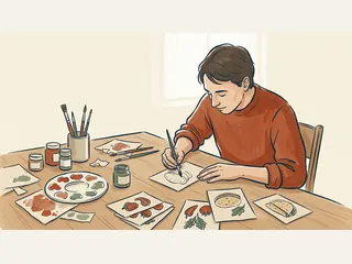 Una persona dibuja tortillas y verduras sobre varias láminas de una mesa de trabajo.