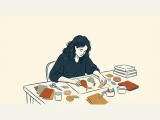 Una persona organiza siluetas de frutas de papel sobre una mesa.