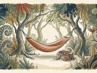 Una hamaca vacía en un jardín imaginario junto a un libro y una taza.